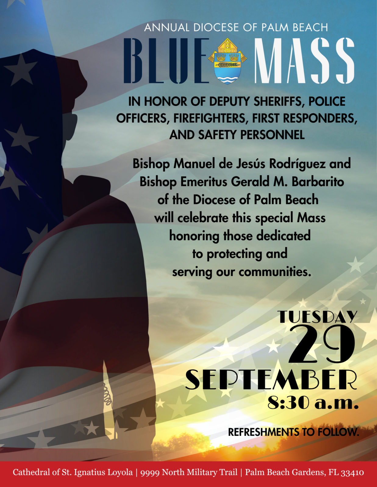 Blue Mass Flyer with Police Officer and Flag